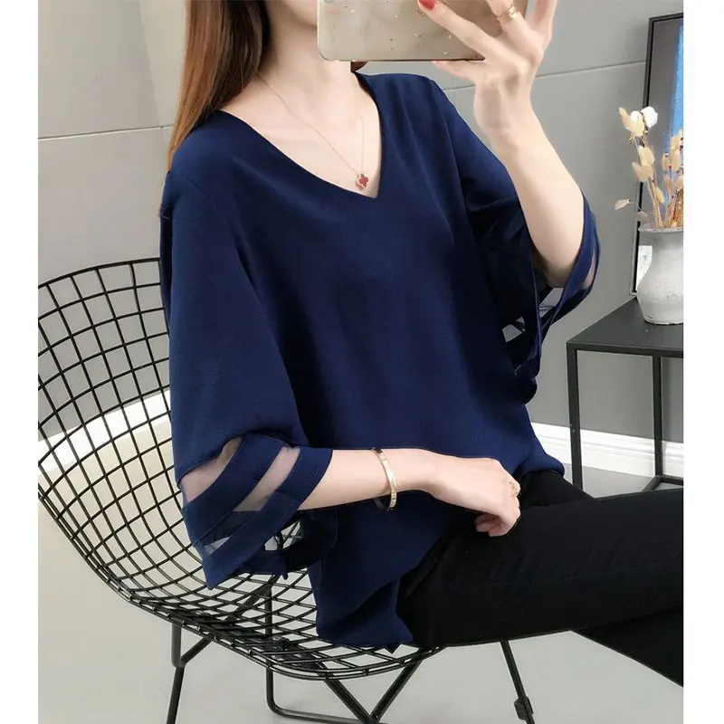 Women Summer New Style Korean Fashion Simplicity Solid Color V-neck Women Clothes Casual All-match Temperament Loose Top Tee