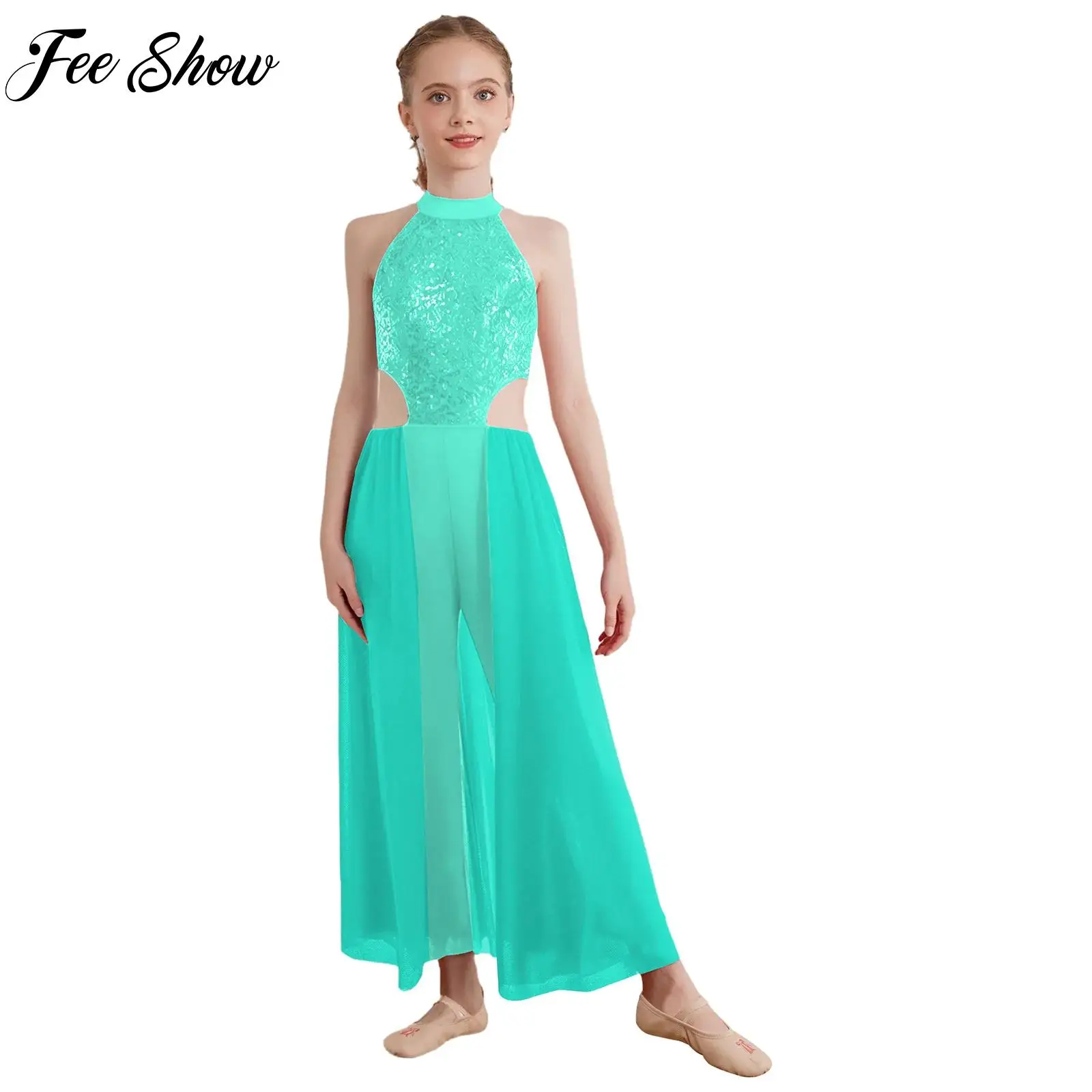 

Kids Girls Rhythmic Gymnastics Lyrical Modern Dance Costume Sequins Halter Sleeveless Skirted Jumpsuit Stage Performance Costume