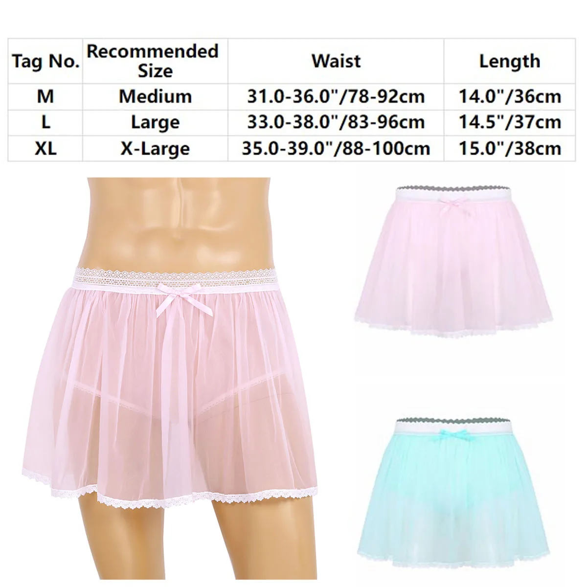 Gay Male Pink Skirt Mens See-Through Chiffon Sissy Crossdress Costume Lace Trim Skirted Panties Briefs Underwear Sleepwear