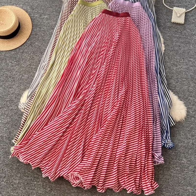 Stripes Woman Skirts A-line Spring Autumn Elegant Versatile Long Skirt Korean Fashion Sweet High Waist Faldas Mujer