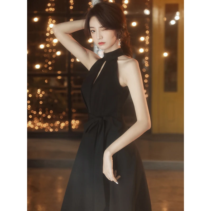 

Bla Mid-Length Hanging-Ne Dr Women's 2025 New Sle Ele Hepburn Sle Evening Gown for Par And Wedding