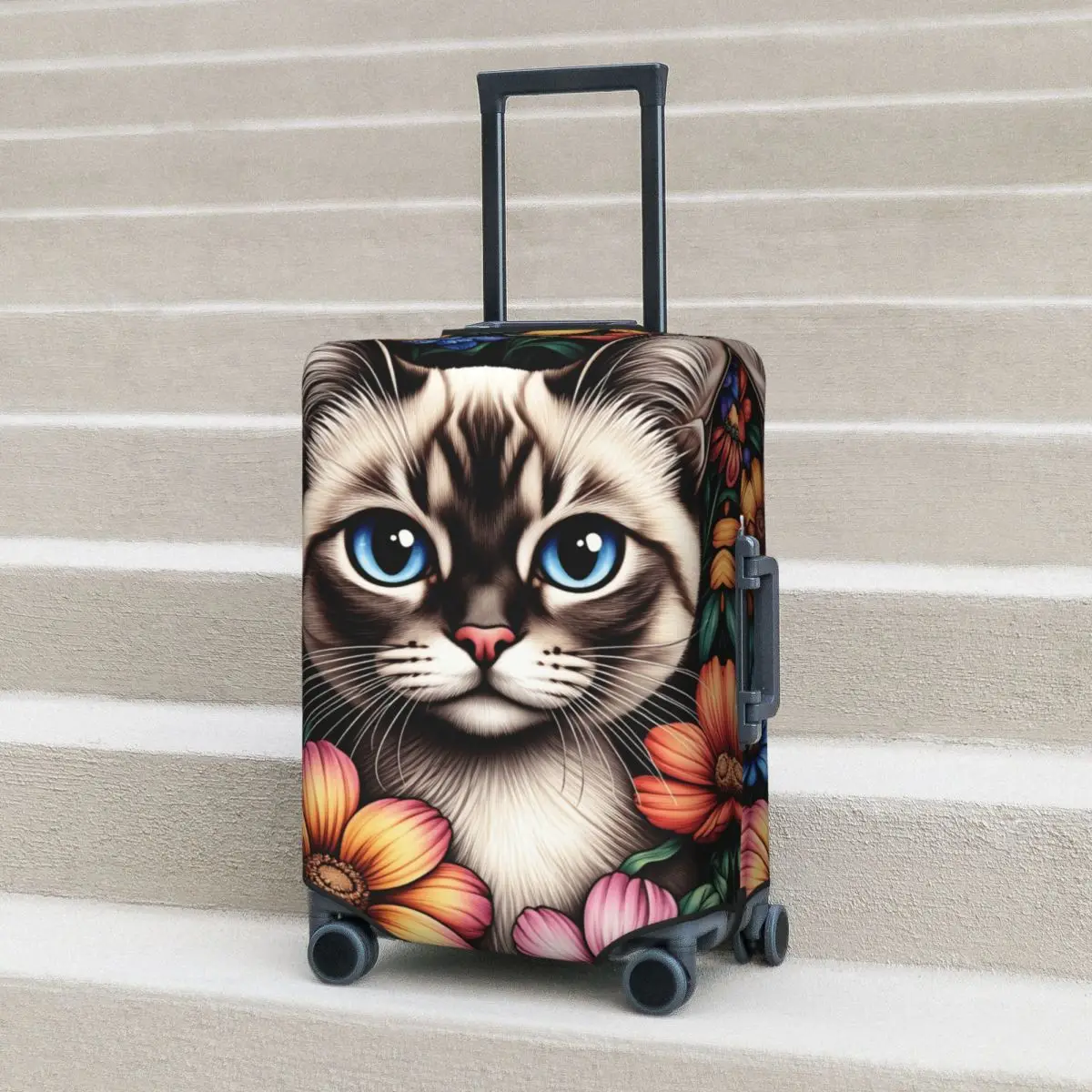 

Kawaii Siamese Cat In Colorful Flowers Suitcase Cover Vacation Cruise Trip Fun Luggage Accesories Protector