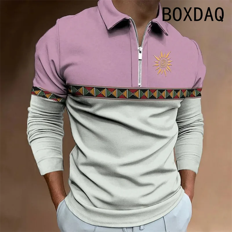 

Men Fashion Polo Shirt Plus Size 6XL Autumn Long Sleeve Lapel With Zipper Sport Polo Shirt 3D Colorful Spliced Casual Polo Shirt