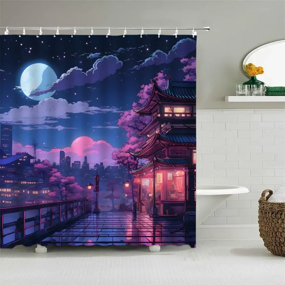 Japan Tokyo Shower Curtain Manga City Night Sky Moon Cherry Blossom Loft Print Polyester Fabric Bathtub Partition Bathroom Decor