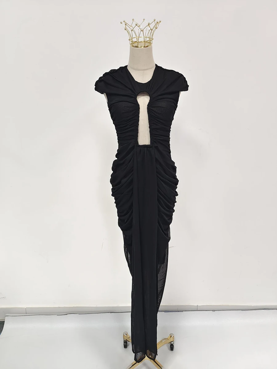 VGH Sexy Abend Verstärktes Aushöhlen Kleider für Frauen O Hals Kurzarm Hohe Taille Bodycon Schwarz Farbe Boden Kleid Weibliche Neue