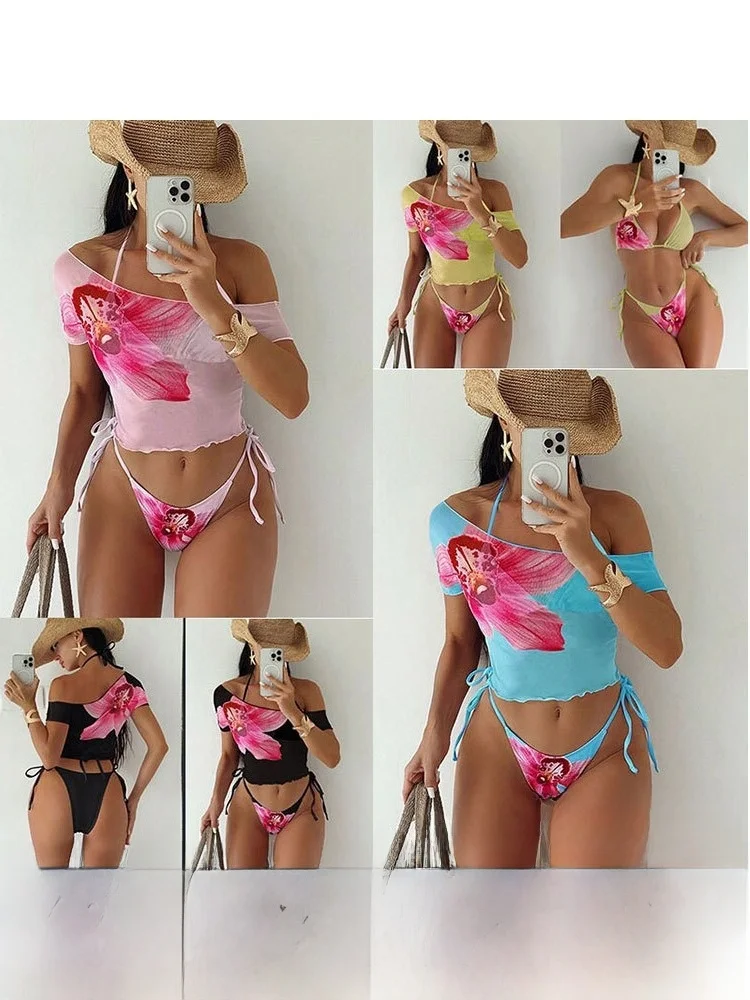 

Спортивный купальник-бикини из трех предметов: без бретелек, с коротким рукавом, раздельный дизайн, с принтом, повседневный, для серфинга, с чехлом.