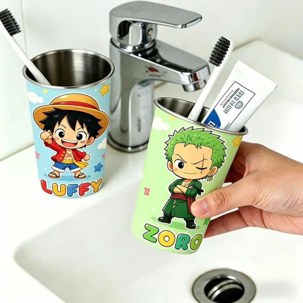 [2Pcs Set] One Piece Luffy Zoro 304 Stainless Steel Cup- 8Cm Wide Mouth Anime Cartoon Water Bottle Kids Bathroom Toothbrush Gift