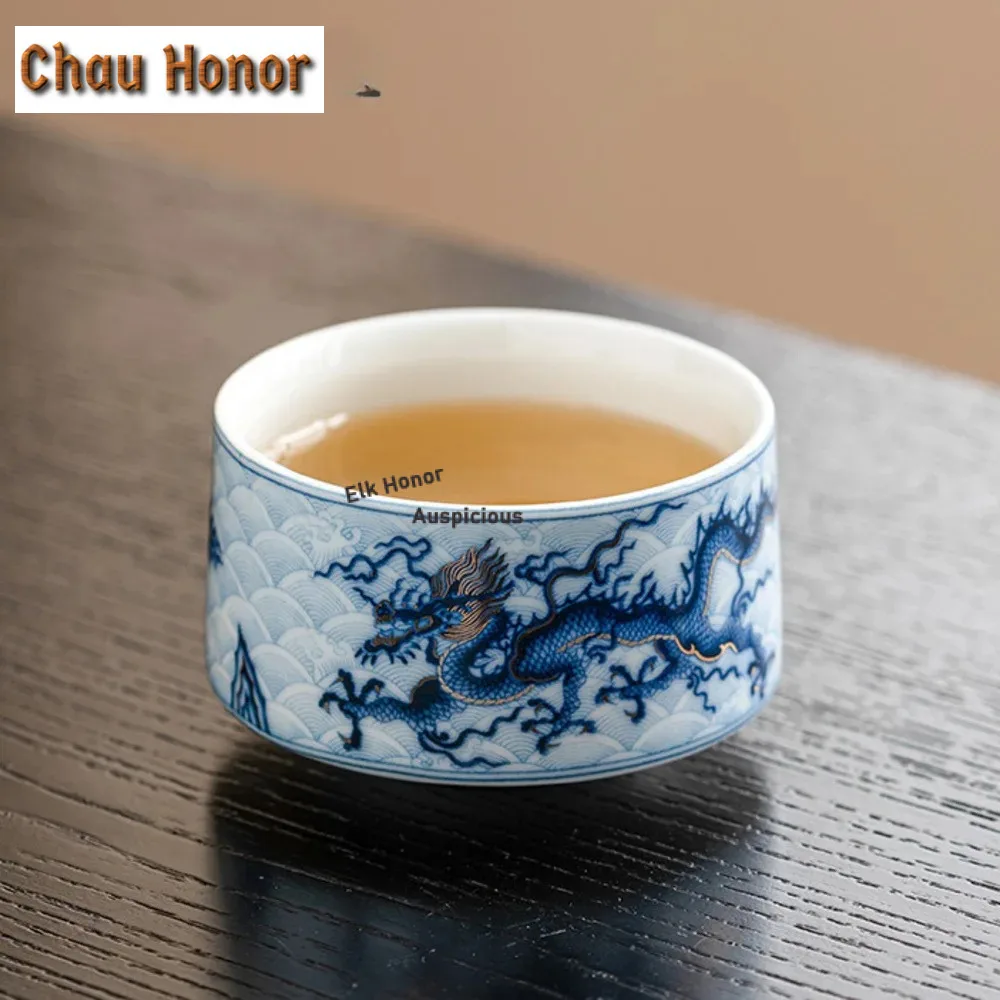 120ml  High-end Gold Silver Inlaid Ceramic Teacup Blue and White Dragon Master Cup Straight Mouth Personal Tea Bowl Jianzhan Mug