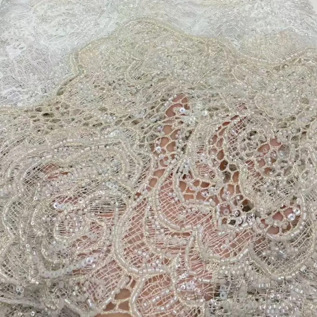

Lastest African French Floral Embroidery Lace Fabric Trim Sequins Beads Mesh Tulle Lace for Wedding Party Dress Nigerian Sewing