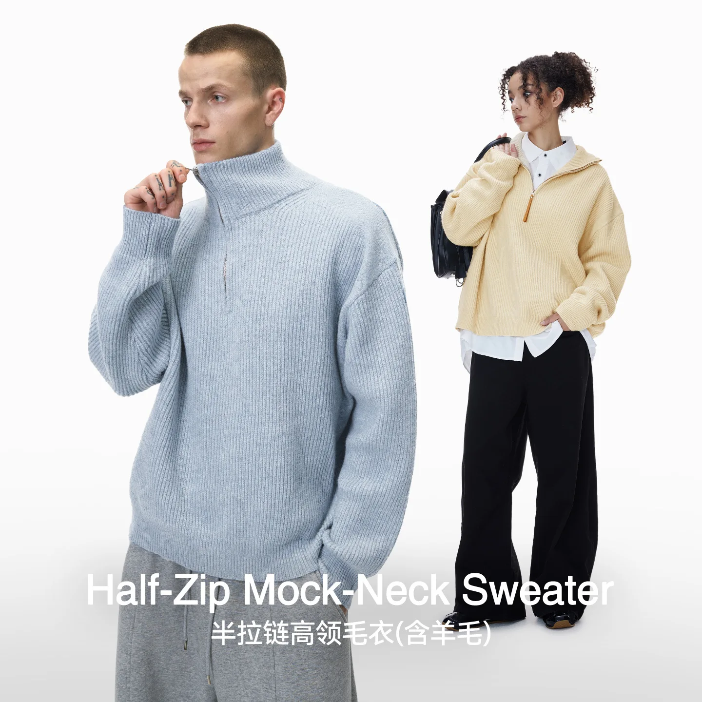 メンズ ハーフジップ タートルネック セーター レトロ ストリートスタイル プルオーバー リラックスフィット ニットトップ