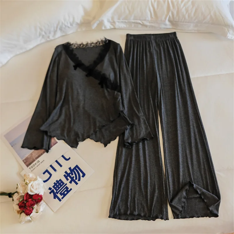 French Princess Pajamas Sexy Chest Pad Two Piece Set For Women Autumn Winter Sleepwear For Sleeping Clothes Modal Home Wear 4