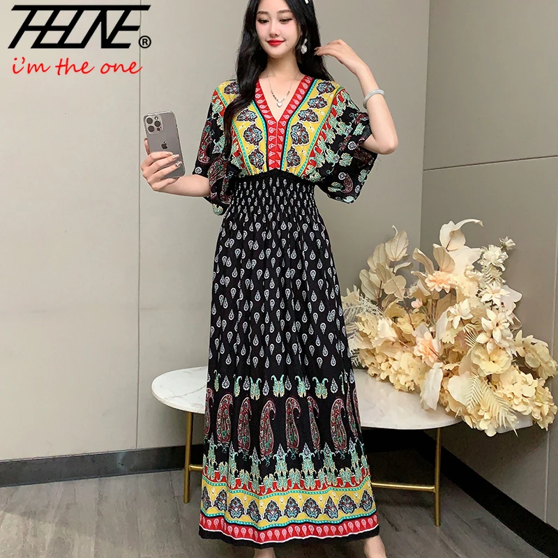 THHONE Women Dress Summer 2024 Maxi Long Print Indian Bohemian Clothing Dresses Vintage Korean Style Fashion Robe Ropa De Mujer