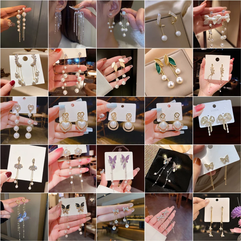 1Pair Korean Style Long Imitation Pearl Tassel Dangle Earrings For Women Trendy Full Crystal Fringe Drop Earring Vintage Jewelry