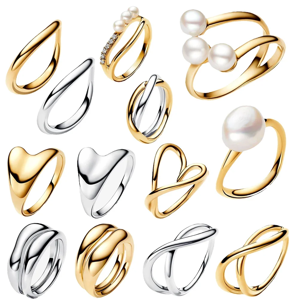 New 2024 Treated Freshwater Cultured Pearl Organically Shaped Double Band Entwined Ring for Women Charms 925 Gift Free Delivery