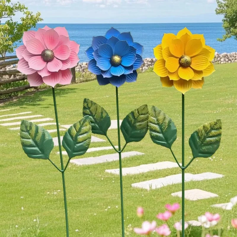 Three Color Flower Wrought Iron Garden Stake Decor Metal Art Crafts Simple Simulation Flower Plug-in for Yard Lawn
