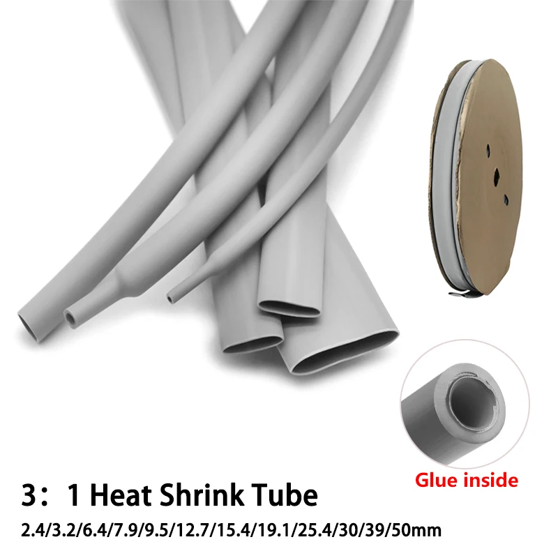 3:1 Grey PE Heat Shrink Tube With Glue Diameter 2.4mm - 50mm Waterproof Double Wall Adhesive Cable Repair Shrinkable Wrap Cover
