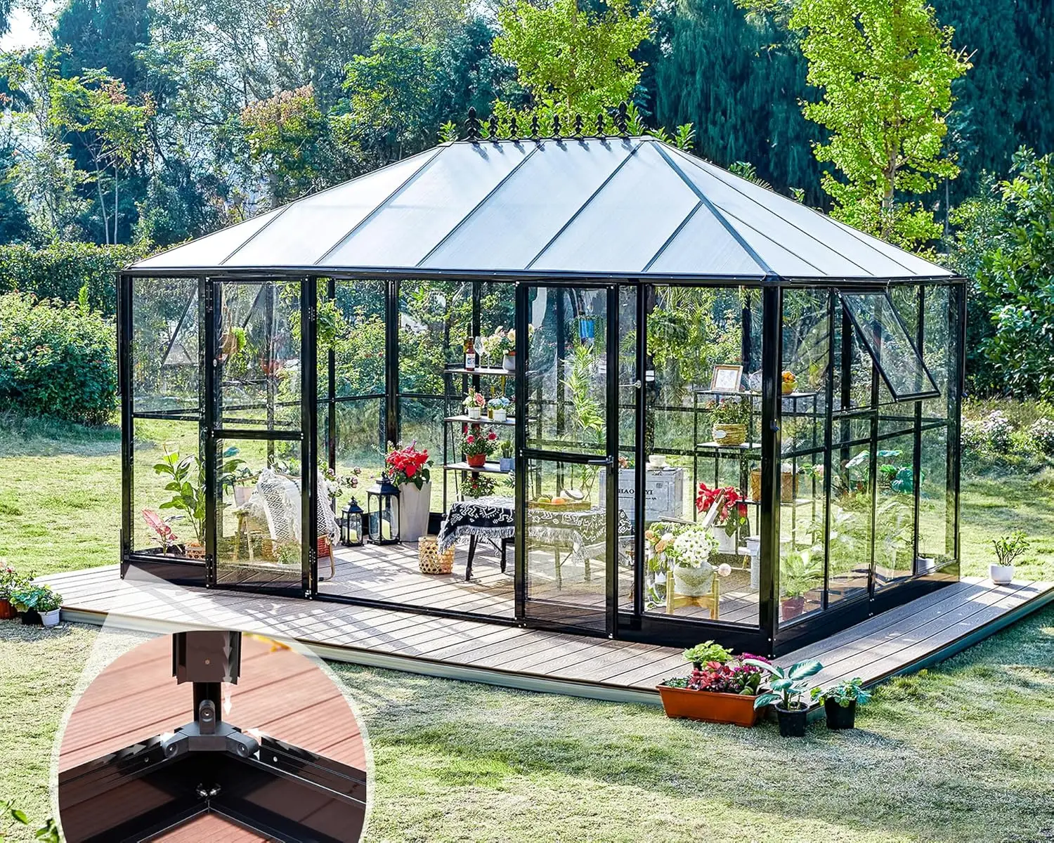 Amerlife 14X9.5X9 Ft Hybrid Polycarbonate Greenhouse Quick Connector Fast Assembly, Swing 2 Doors Clear Panels, Walk-In Large