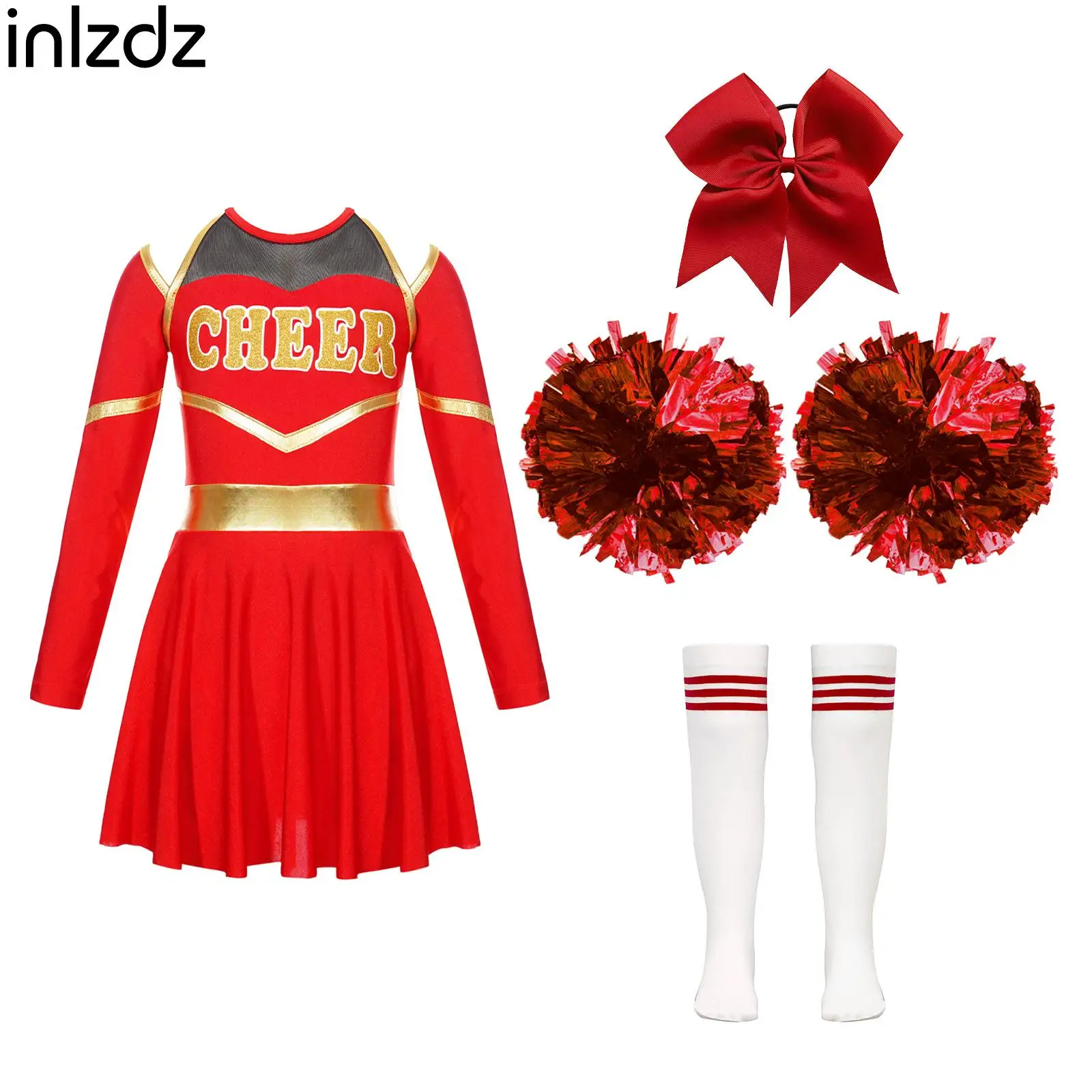 Kids Girls Cheerleading Costume Outfit High School Dress Up Party Costume Long Sleeve Cheerleader Dress Set Fancy Dress Uniform