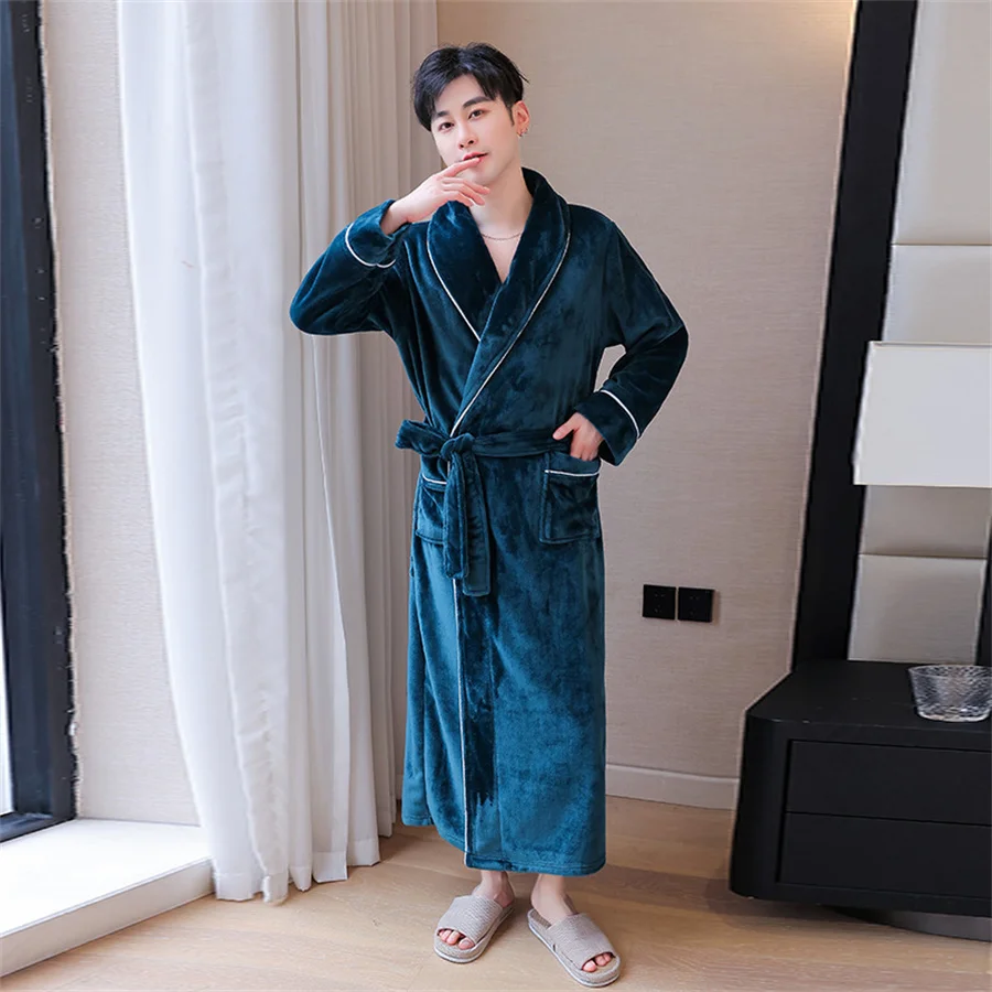 Men\'s Winter Thicken Flannel Robes V Neck Warm Bathrobe with Belt Men Fluffy Shower Robe Dressing Gown Male Sleepwear Housewear