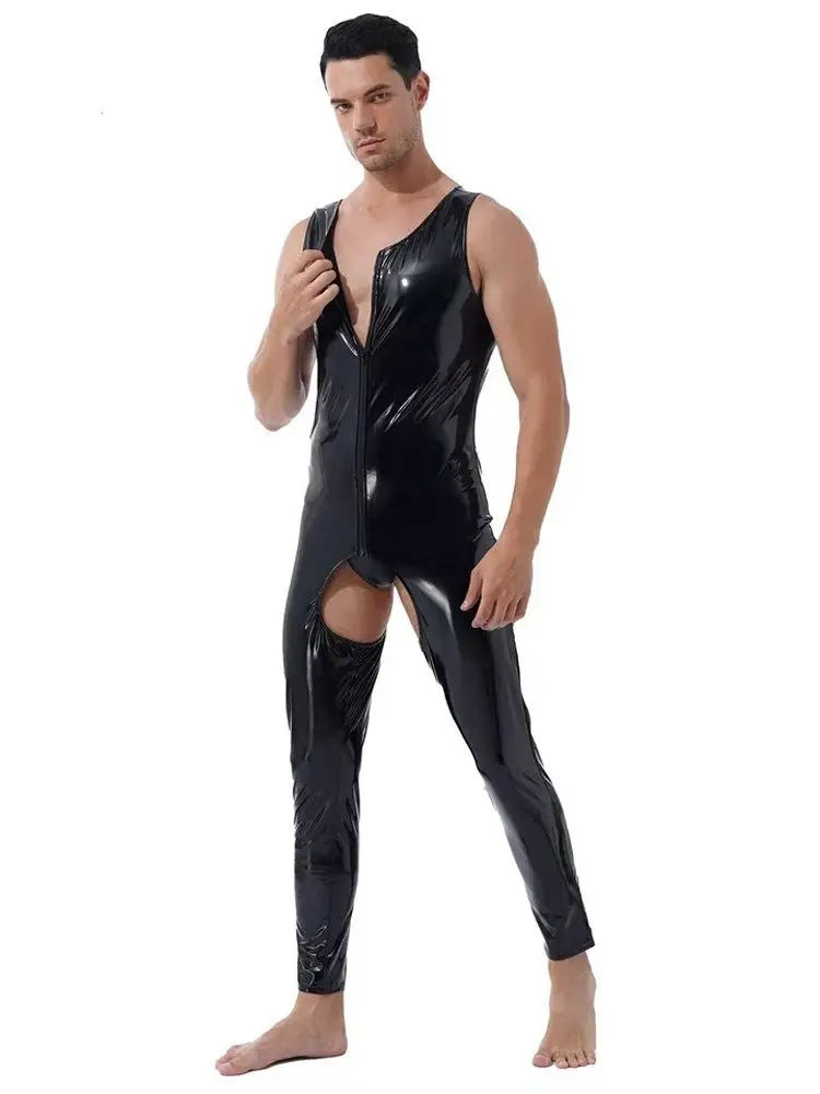 Unisex Sleeveless Wet Look PVC Catsuit Shiny PU Leather Crotchless Open Crotch Bodysuit Tights Sexy Cosplay Leotard Unitard Body