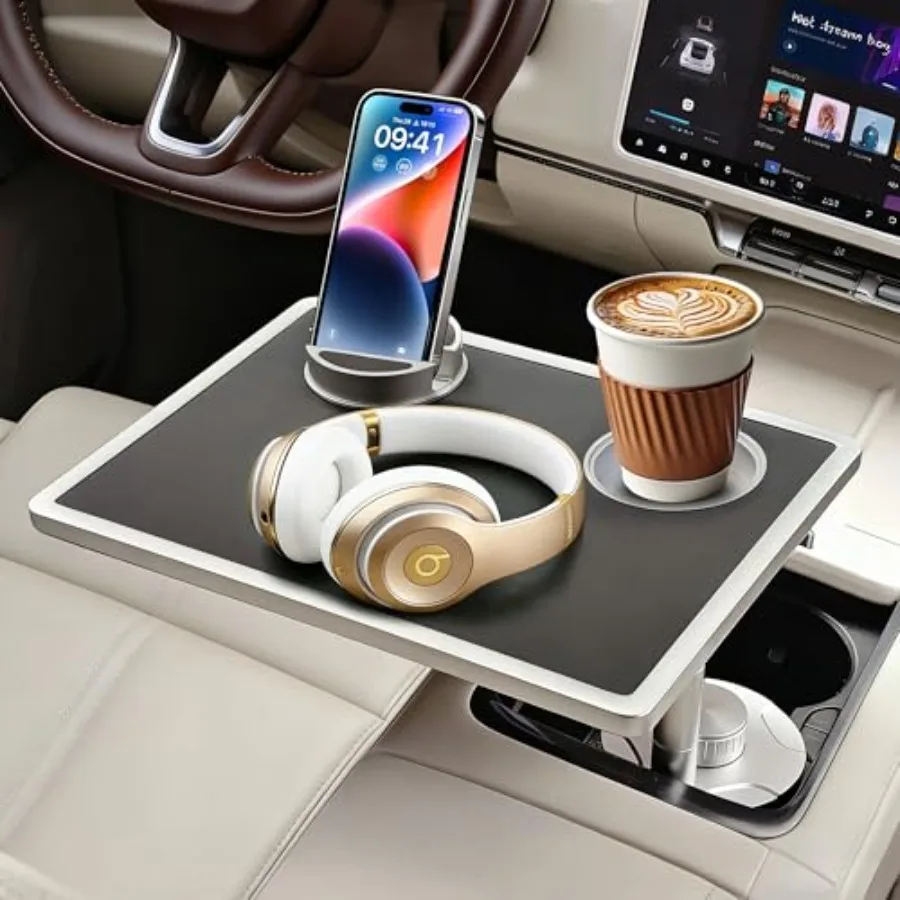 

Car Food Tray with 360 Rotating Premium Wood and Leather Surface Car-Grade Aluminum Cup Holder Phone Stand for Laptop and Eatin