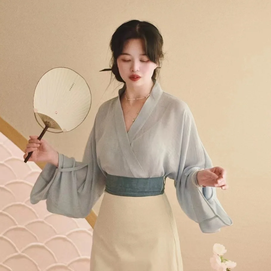 

Улучшенное платье русалки Hanfu с v-образным вырезом, женский костюм на лето и весну, Han Fu Cheongsam, новый женский элегантный костюм в китайском стиле, топ и юбка