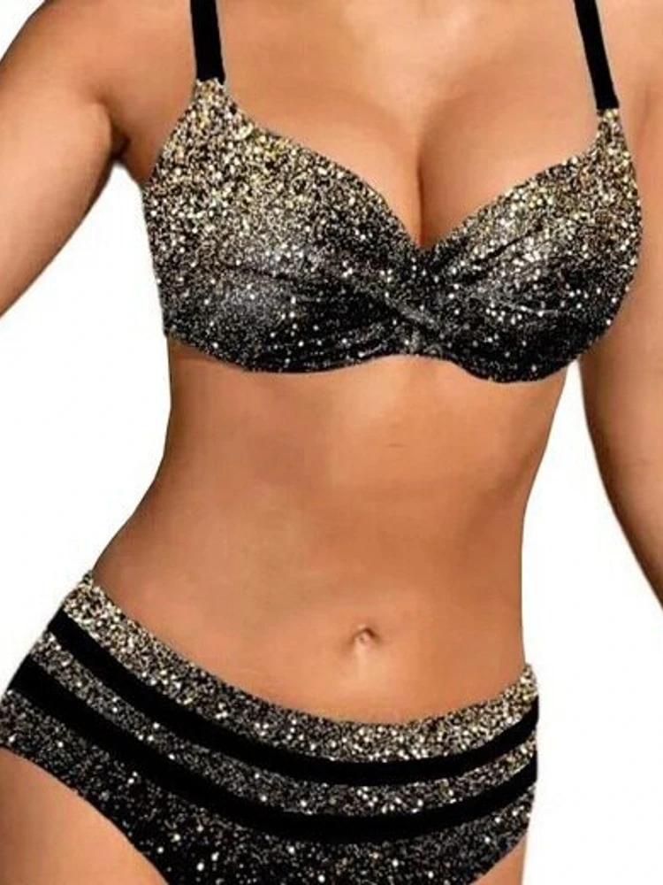 Sexy Bikini Swimsuit Women's Print Fabric High Waist Strapless Swimwear Casual Surf Style with Chest Pad No Steel Support