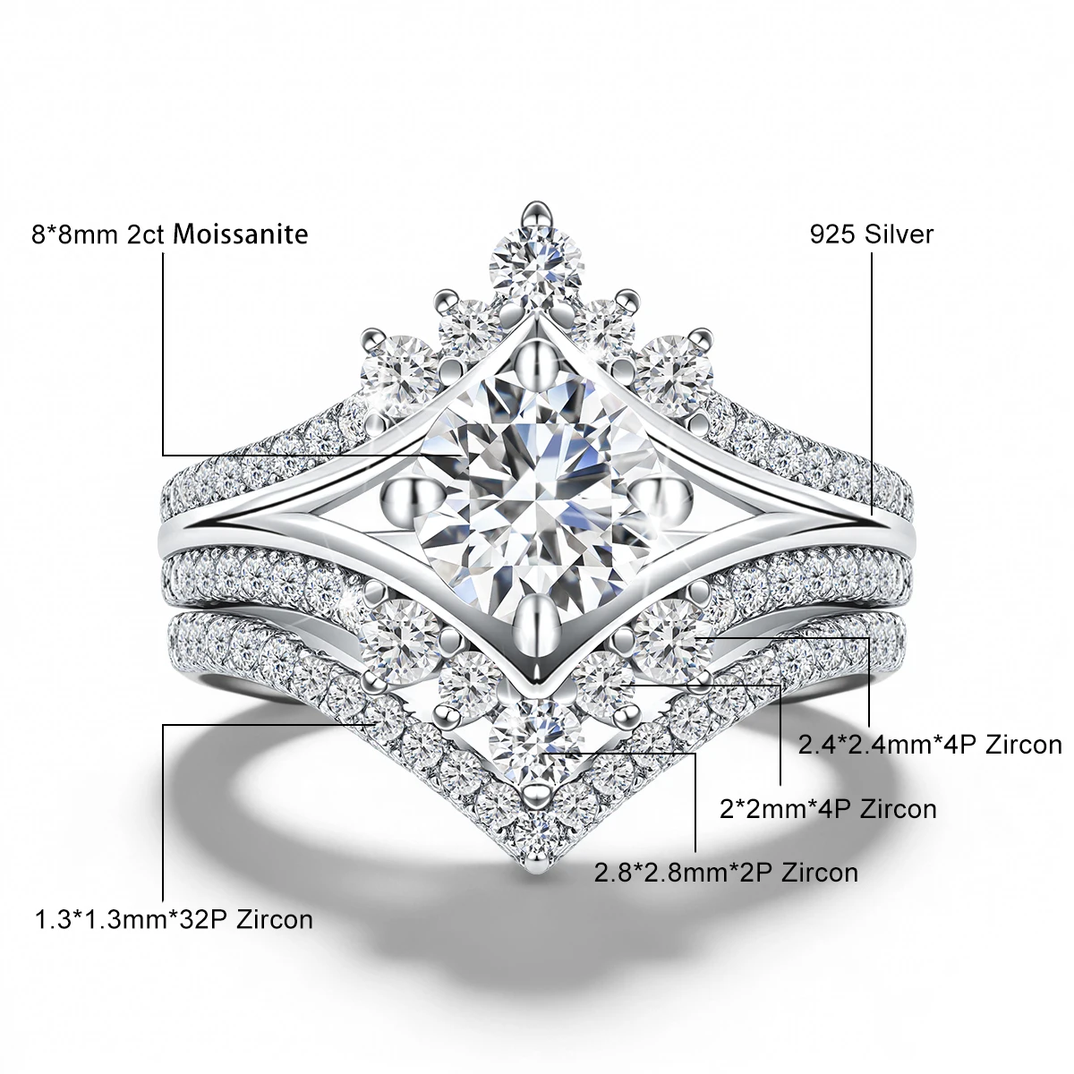 Wunderschönes Moissanit-Hochzeitsring-Set für Damen, V-förmiger Brillant-Zirkonia, Brautschmuck, 925er Silber-Verlobungsringe – Detail 1