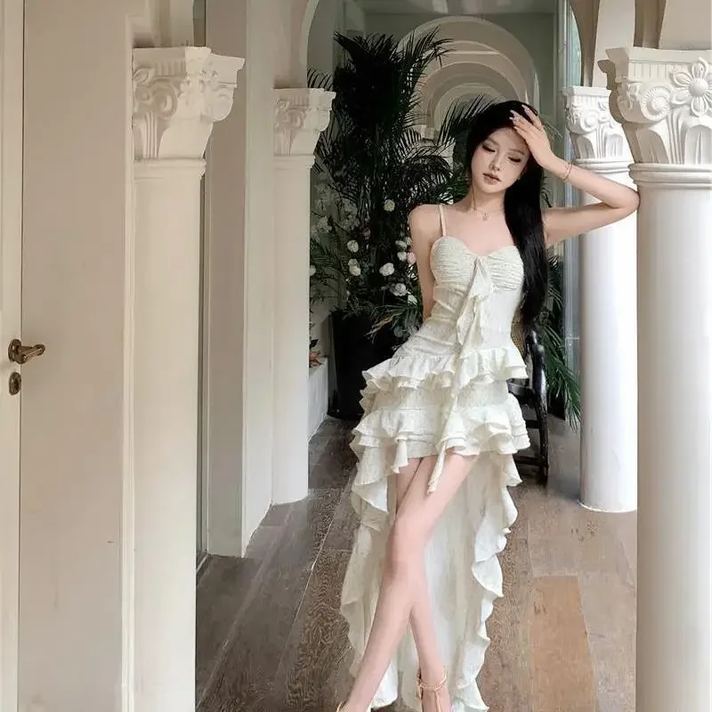 Elegant Ruffle Hem Camiชุดผู้หญิงY2KเกาหลีChic Patchwork Midiชุดฤดูร้อนใหม่ดอกไม้ไม่สม่ําเสมอBeach Vestidos