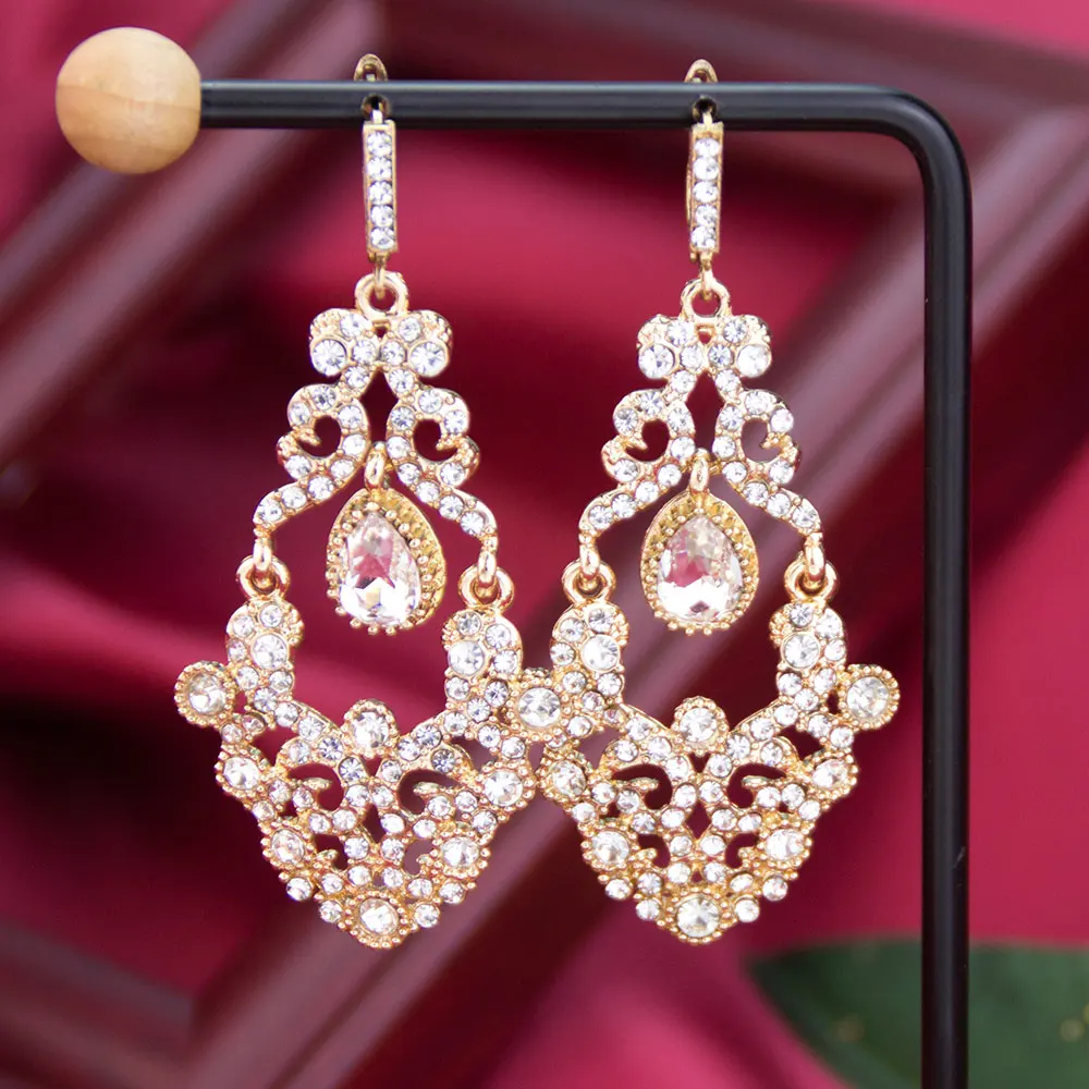 Sunspicems Gold Color Moroccan Crystal Drop Earrings For Women Ethnic Turkish Bride Wedding Jewerly Arabic Dubai Bijoux