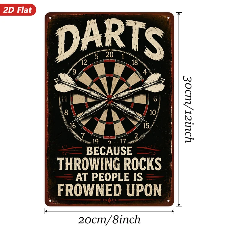 2D Flat, 1pc Metal Sign Wall Art, Darts - Themed Wall Art for Home Decor, with Dartboard Pattern And Humorous Text,