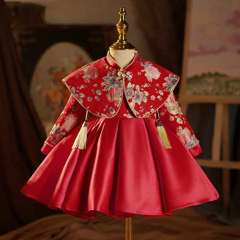 Chinese Style Baby Girl New Year Greeting Dress Autumn Baby Catch First Birthday Dress Children's Cheongsam High-end New Year