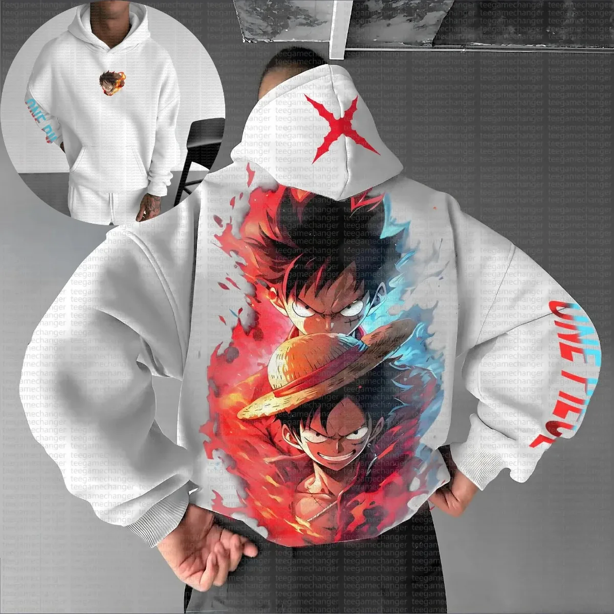 One Piece Ruffy Gear 5 Neuer heißer 2025, Rückendruck, weißer Kapuzenpullover für Herren, Baumwolle, lässig, Herbst und Winter, Streetwear, Mode, Anime, Cosplay
