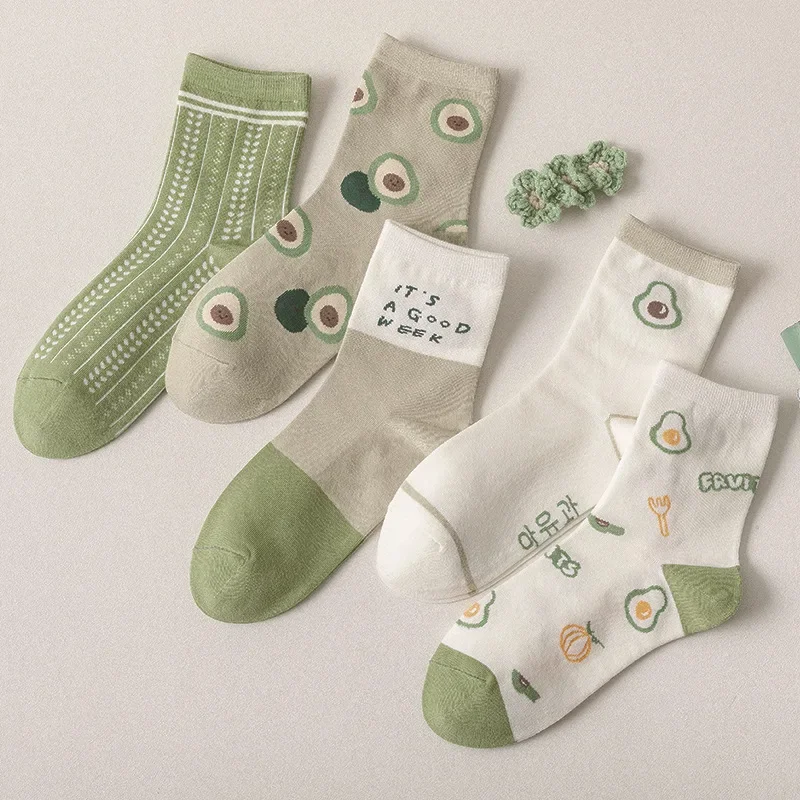 

2023 spring and summer new socks female green avocado twist series student socks with letters and color matching socks