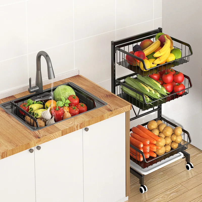 Multi-Layer Carbon Steel Kitchen Shelf  Heavy-Duty Floor Storage Cart  Adjustable Vegetable Basket  Snack and Fruit Organizer