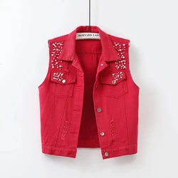 Colorful Denim Jacket Waistcoat Women's Spring Summer New Slim Hole Beaded Sleeveless Coat Female Short Casual Vest Outwear Tops