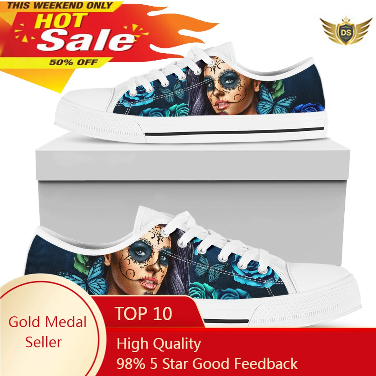 

HOT Sugar Skull Calavera Girl Women Sneakers Fashion Breathble Vulcanized Canvas Flat Shoes Women Lace Up Shoes White