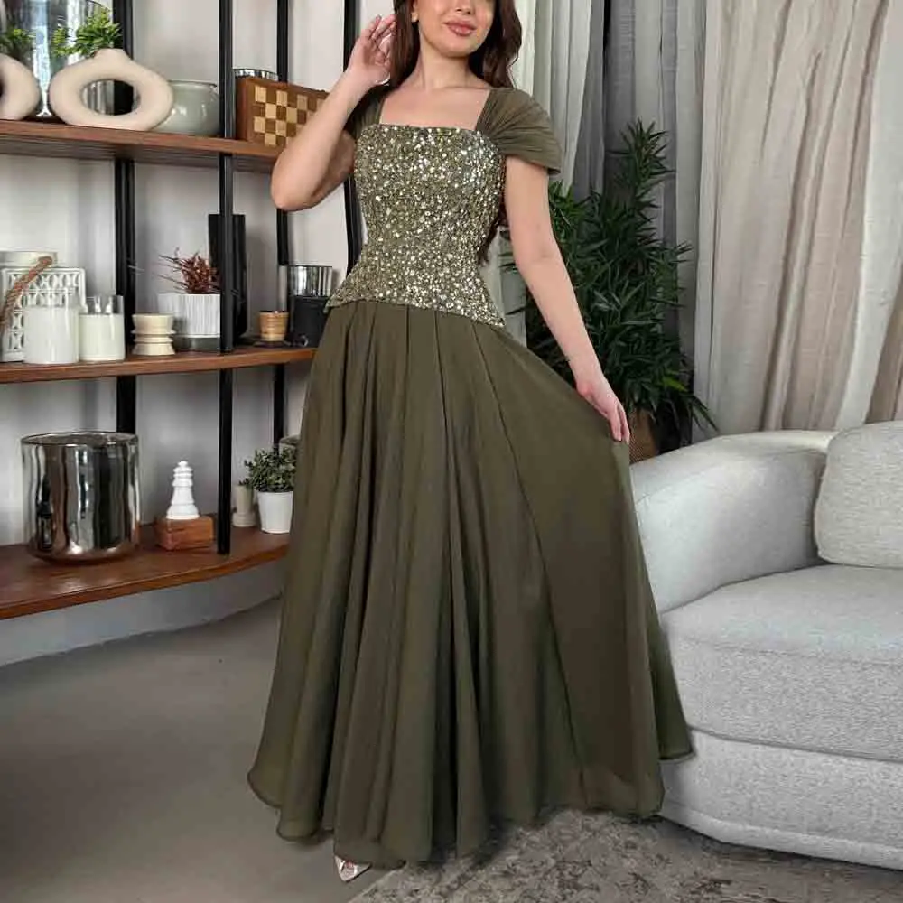 Customized Sequin Top Evening Dress 2026 A-line Off-the-shoulder Prom Gown Olive Green Rhinestone Wedding Party Attire