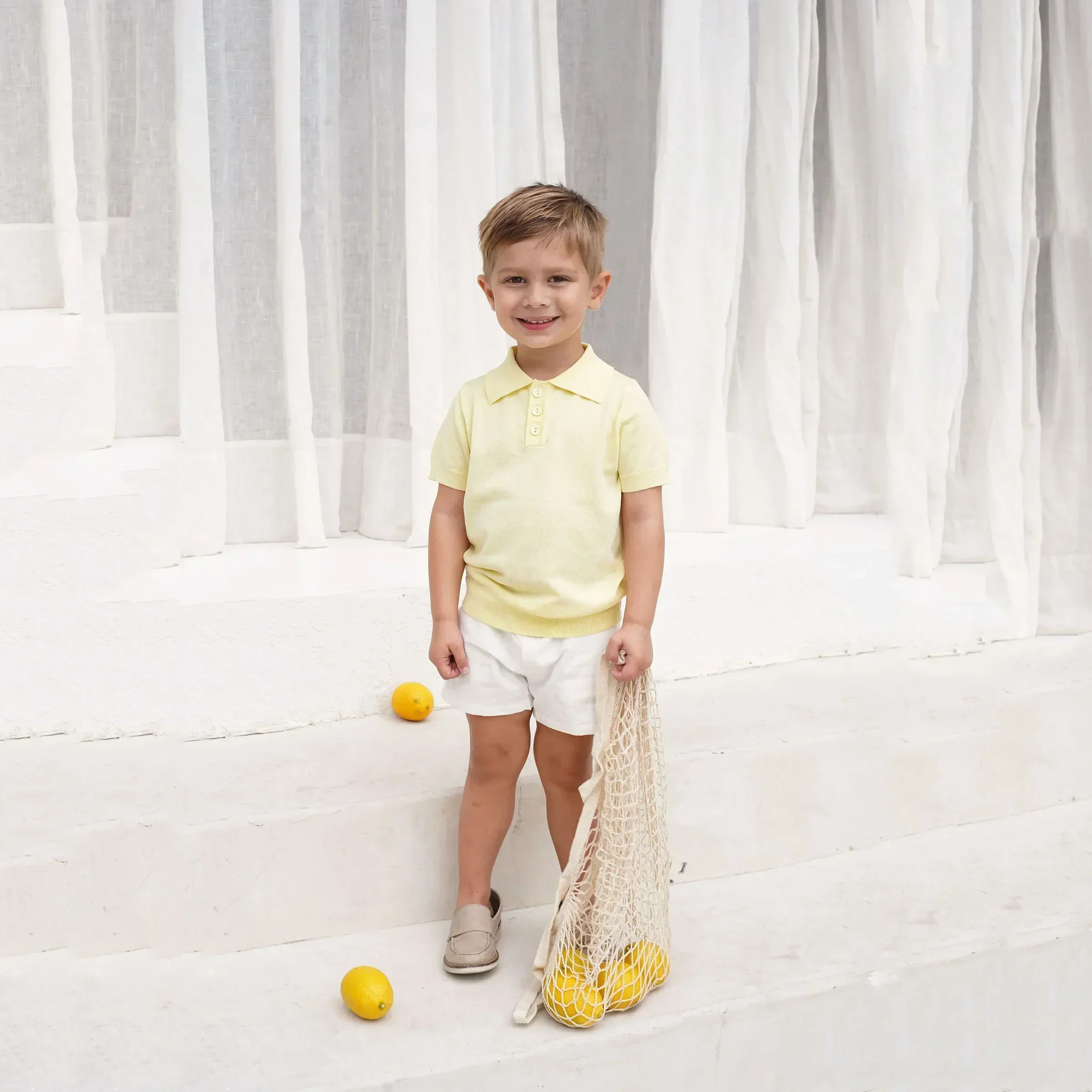 AP Buttercup Collection 2025SS Mädchenkleid, elegantes 2-teiliges Set für Kinder, süßer Baby-Strampler, gestricktes Polo, Jungen-Blazer-Shorts