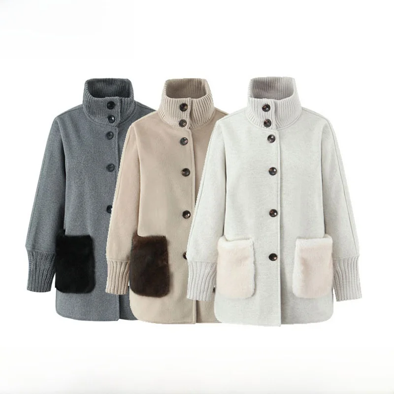 

Faionable Knitted Mid-Length Coat for Women with Stand Collar Patchwork Fur kets Autumn Winter New Arrival Polyester Fiber