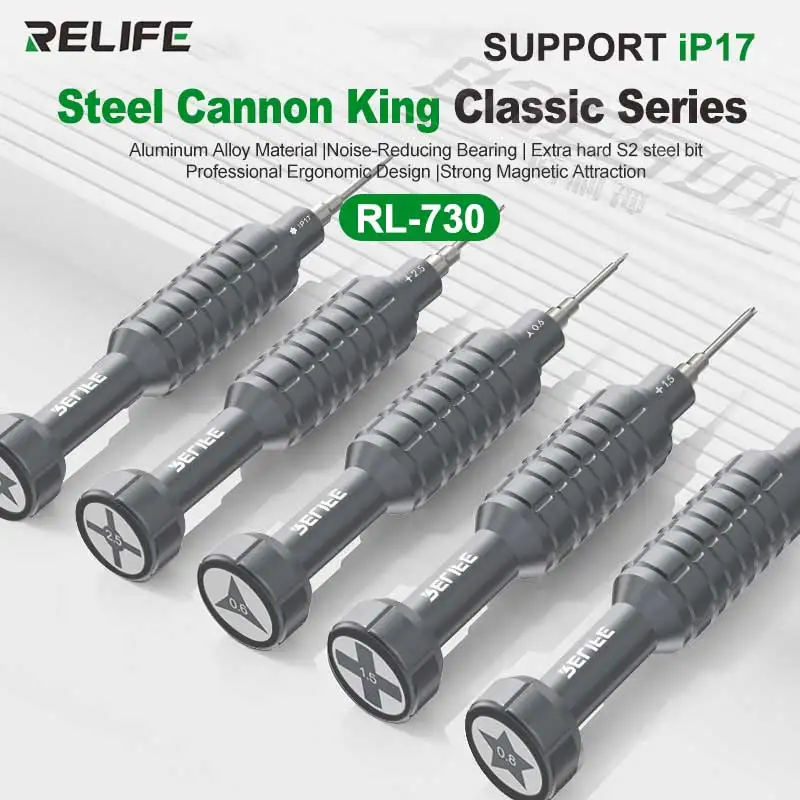 

RELIFE RL-730 Steel Cannon King Классическая отвертка Y0,6/0,8/+1,5/+2,5/T1 Поддержка iP17 Мобильный телефон Планшетный компьютер Разборка