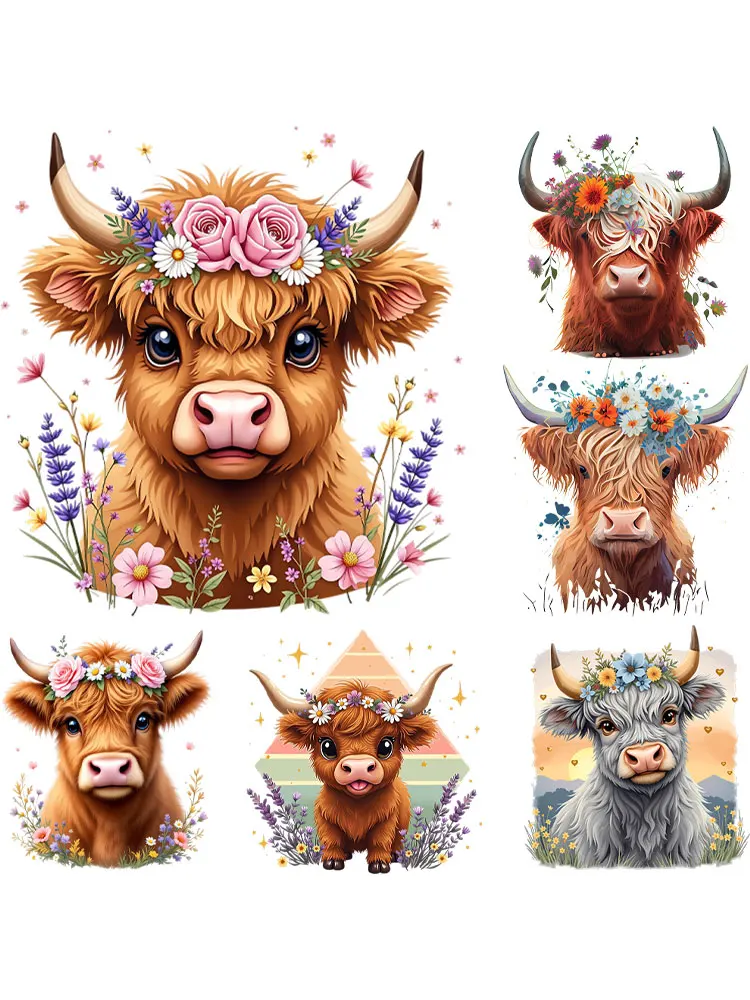 Autocollant de transfert de fer de vache de fleur pour T-Shirts bricolage transfert de chaleur animale de vache des Highlands pour vêtements autocollants de transfert thermique