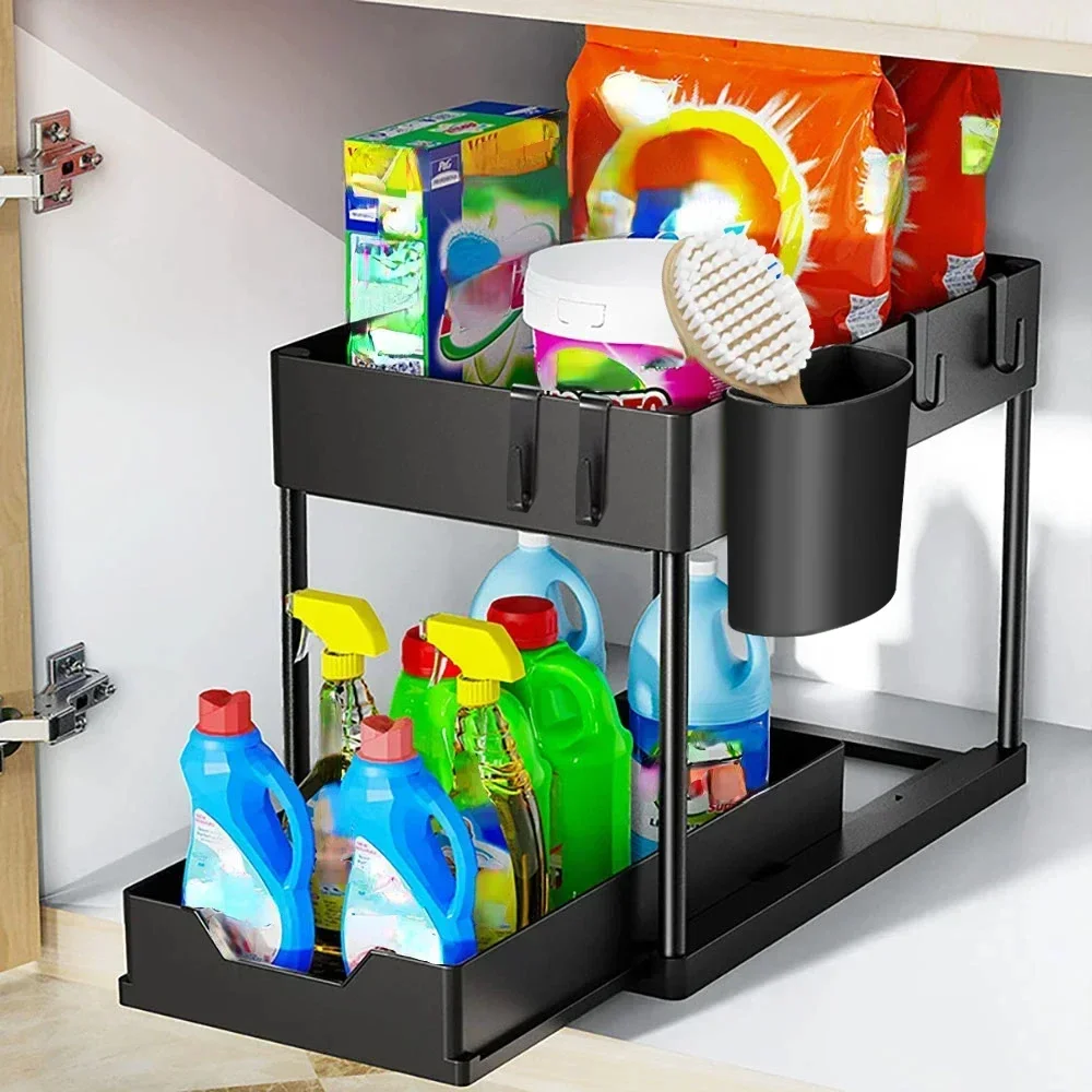 1PC Kitchen Organizer Under Sink Organizer Sliding Drawer Storage Rack 2 Tier Organizer Storage Multipurpose Holder Rack 냄비 정리대