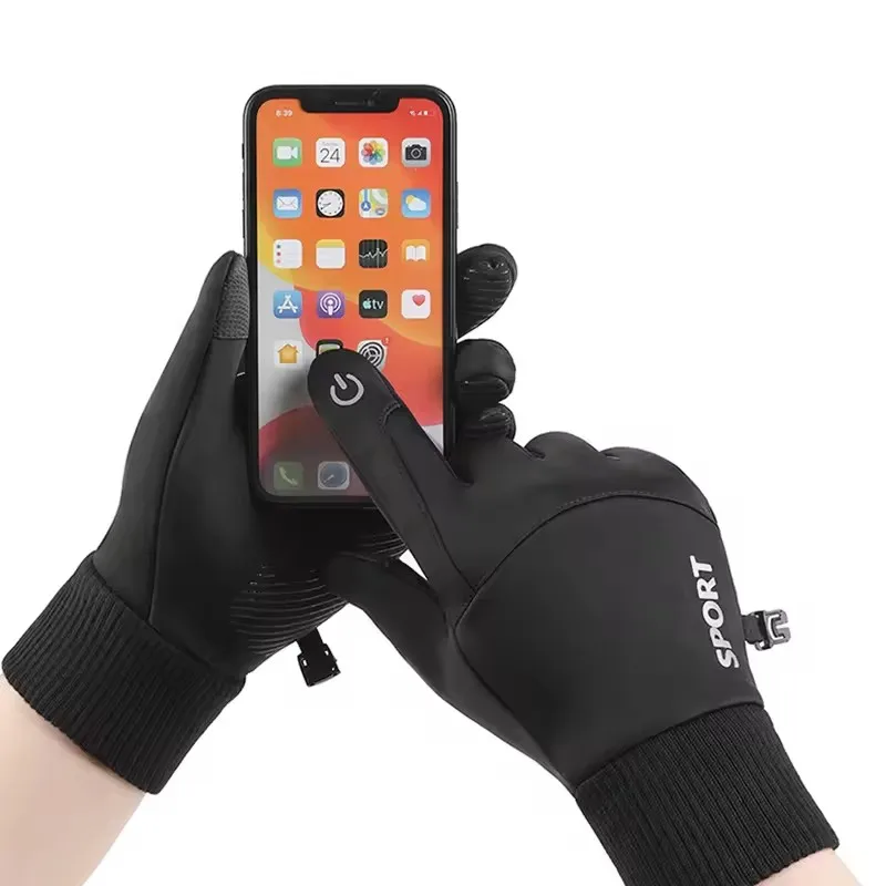 ถุงมือกันน้ำสำหรับฤดูหนาว สีดำ อุ่น ป้องกันน้ำ สำหรับปั่นจักรยาน กีฬากลางแจ้ง วิ่ง ขี่มอเตอร์ไซค์ เล่นสกี  หน้าจอสัมผัสได้ บุด้วยผ้าฟลีซ