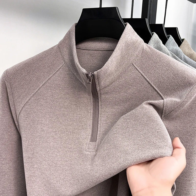 Fashion half zipper stand up collar long sleeve T-shirt men autumn winter velvet warm comfortable casual solid color Sweatshirt