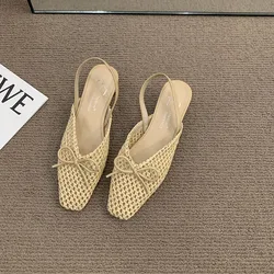 Summer Mesh Hollow Sandals Women Low Heels Mule Shoes Weave Slipper Slides Comfort Retro Female Flats Shoes Ballet Sandals Mujer