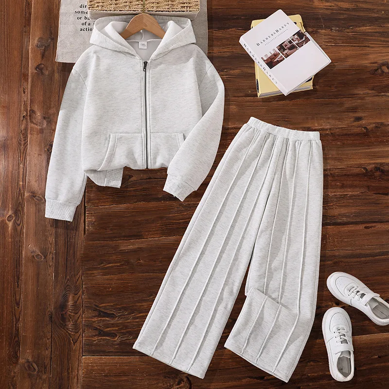 

Children's autumn winter fleece suit hooded long sleeved jacket + casual wide leg pants girls clothes boys clothes