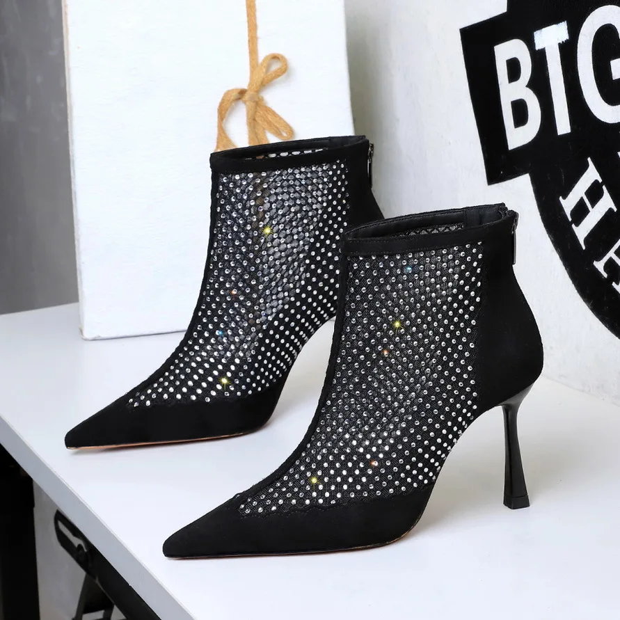 مثير شبكة الراين النساء الأحذية صافي تنفس التمهيد خنجر أحذية عالية الكعب الصيف الصنادل الأحذية الخلفية سستة عالية الكعب #1