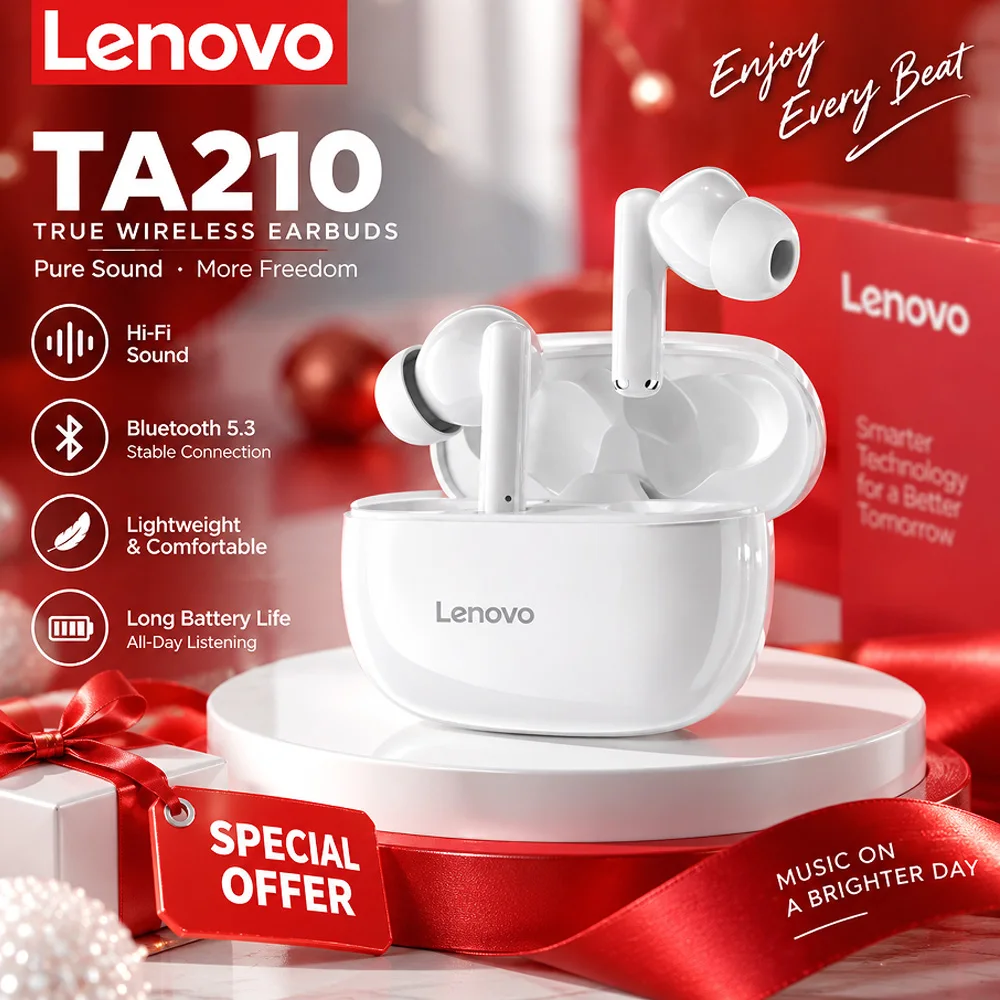 Lenovo TA210 Bluetooth Earbuds 24 Hours Total Battery Life  ENC Dual Mic  Clear Call IPX5 Sweatproof Portable Charging Case For