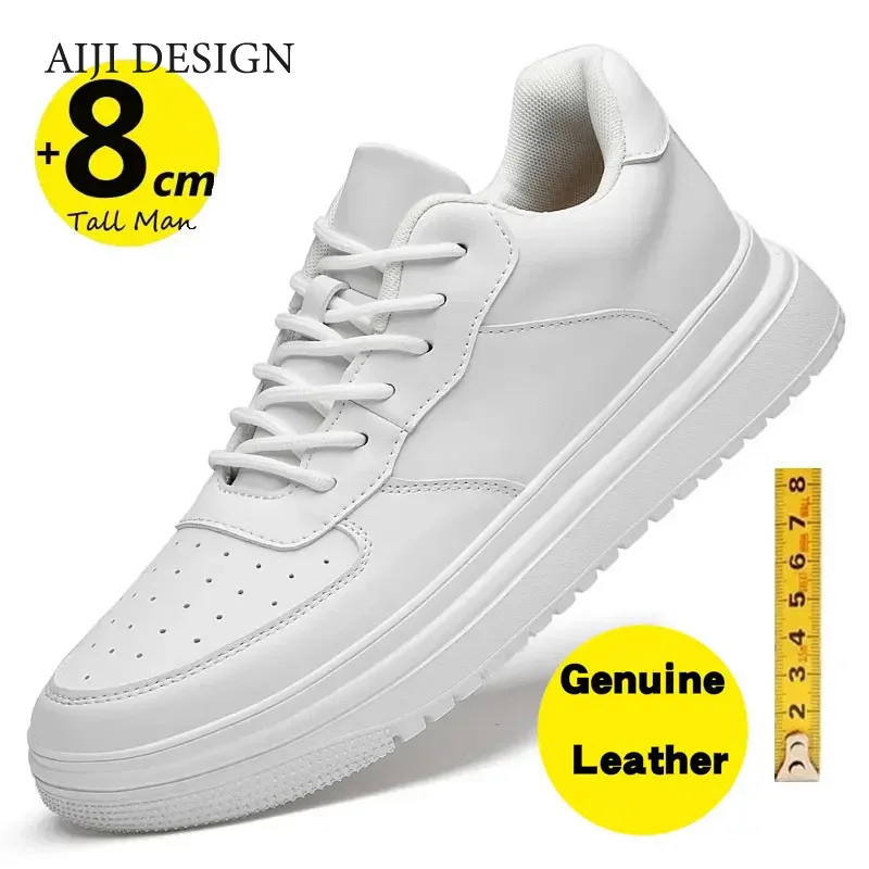 Genuine leather men sneakers elevator shoes man breathable height increasing shoes increase insole 8cm taller lift